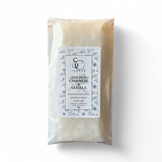 Front of Golden Cashmere & Vanilla odour eliminating soy wax melt snap bar, 40g, hand-poured in London, vegan-friendly, infused with Odouraze