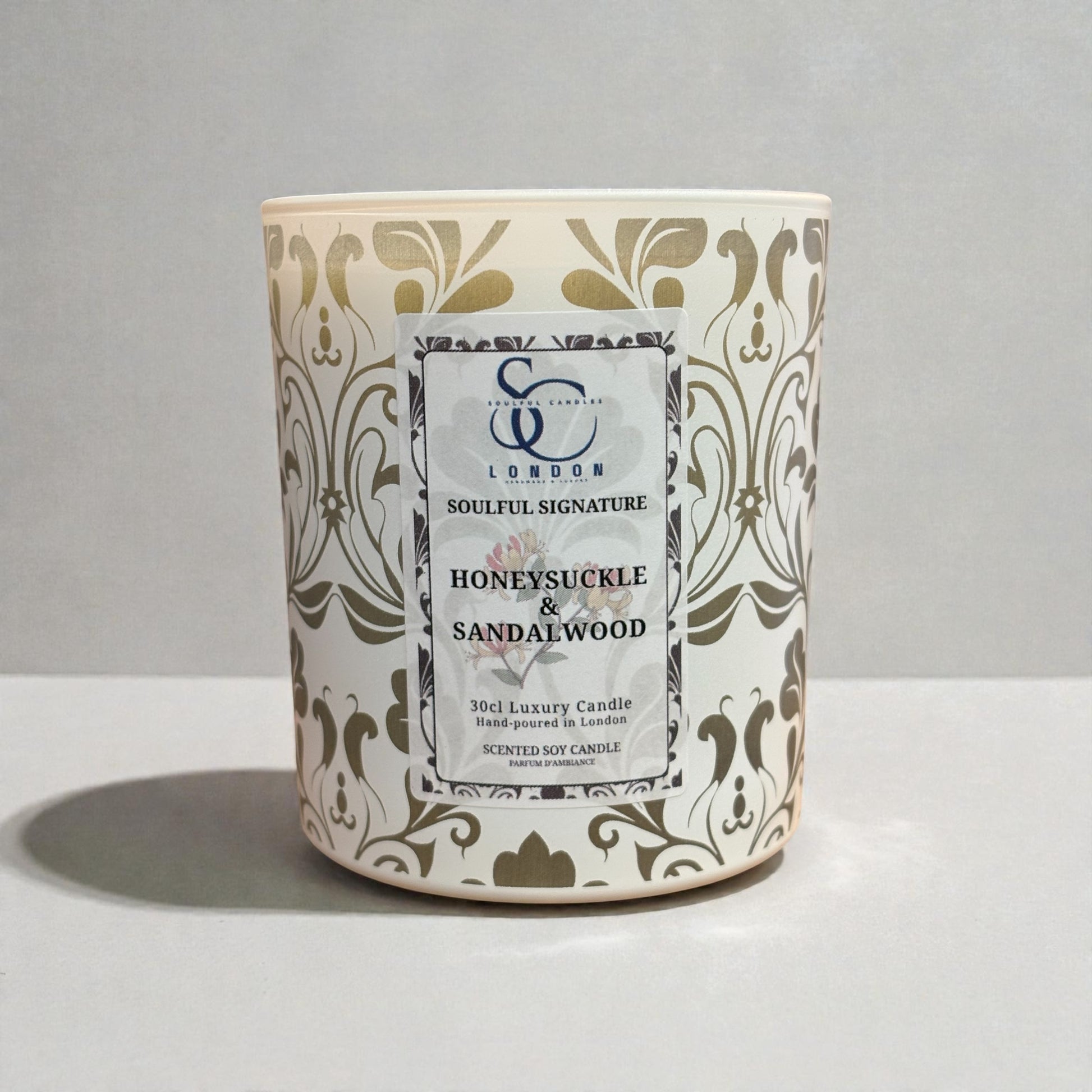 Honeysuckle & Sandalwood luxury soy candle in engraved glass vessel