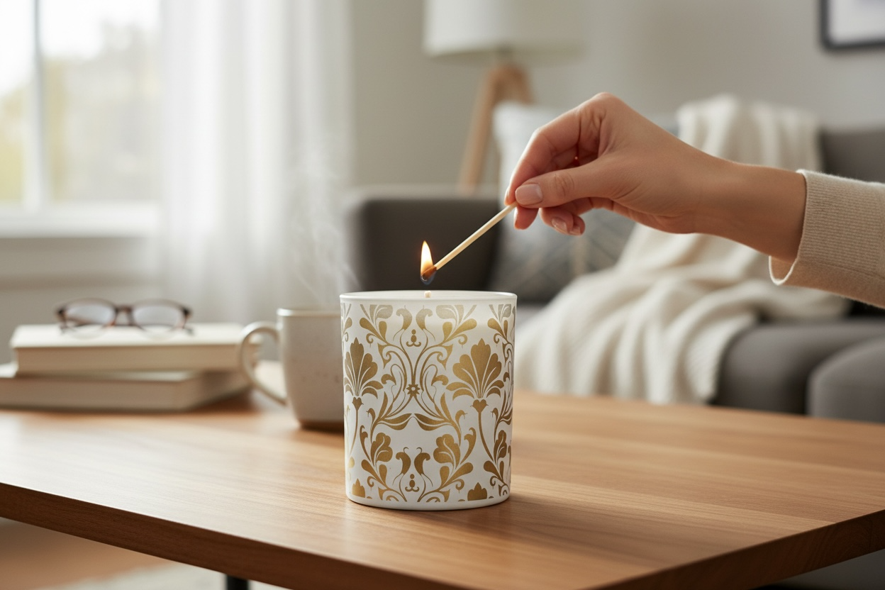 Hand lighting Honeysuckle & Sandalwood luxury soy candle in engraved glass vessel