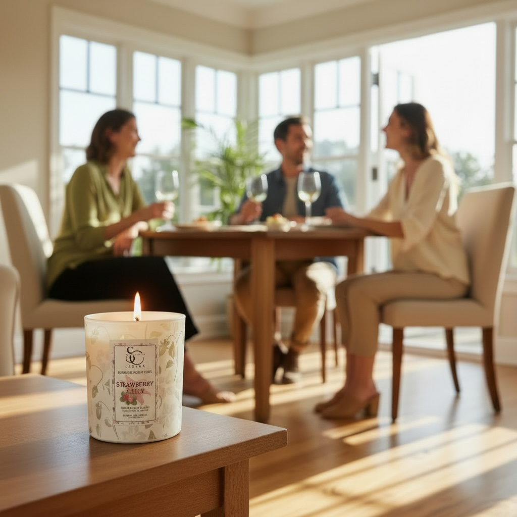 Candle with a label on a table in a bright room with people sitting at a table in the background
