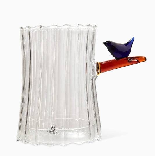 Front view of Ichendorf Milano Birds Tealight with Blue Bird by Tomoko Mizu, handmade borosilicate glass candle holder, 12.5 x 9cm