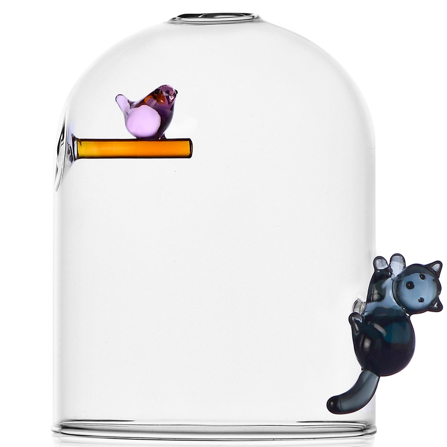 Close-up of Ichendorf Milano windproof candle holder with cat and bird, handmade borosilicate glass, 12.5 x 9cm, modern artistic design