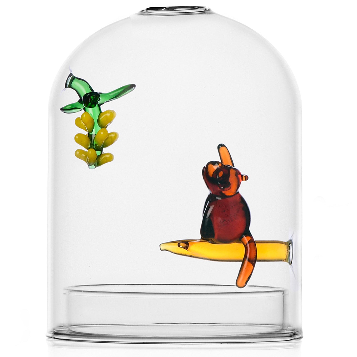 Close-up of Ichendorf Milano windproof candle holder with monkey and bananas, handmade borosilicate glass, 12.5 x 9cm, artistic modern design