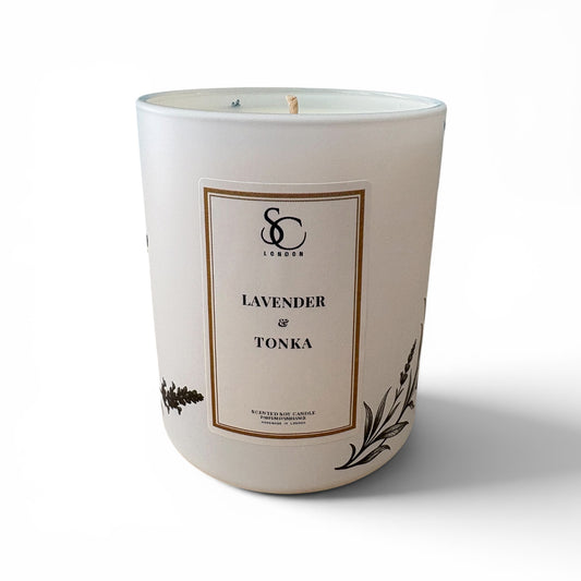 Lavender and Tonka 30cl soy candle in matt white coated glass – front view