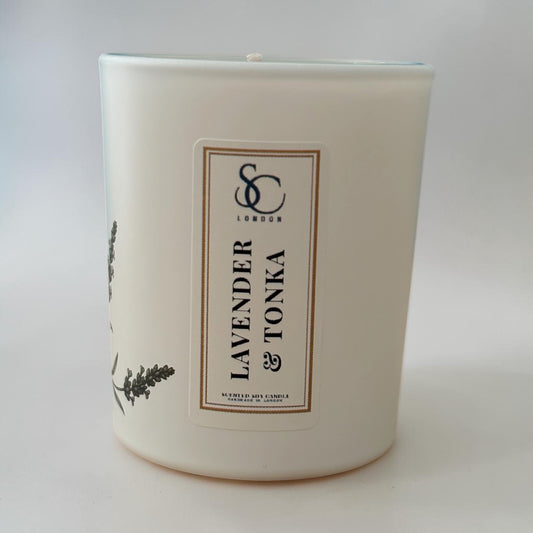 Front view of the Lavender and Tonka 9cl Sanctuary candle by Soulful Candles London