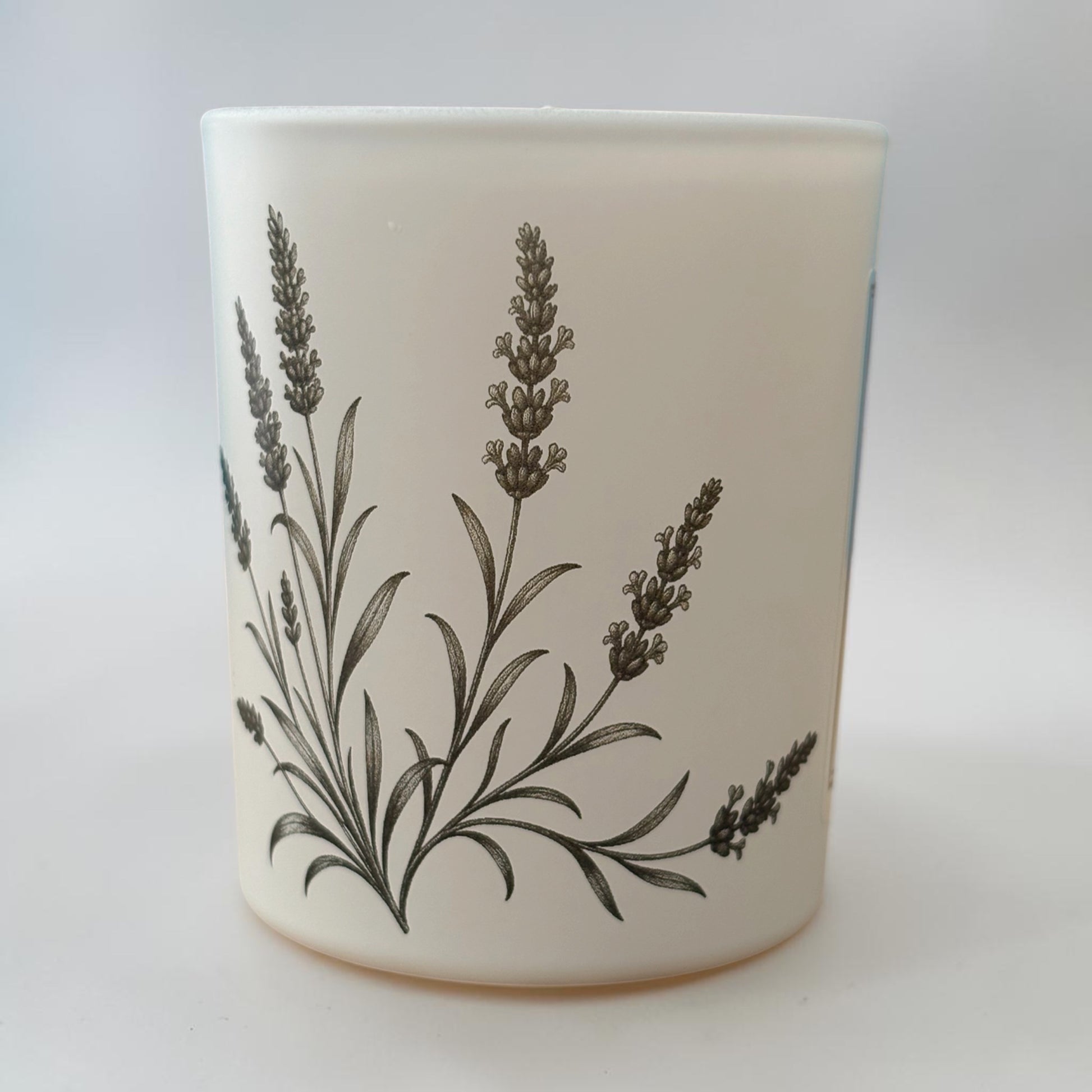 Lavender and Tonka 9cl soy candle in matt white coated glass with lavender engravings