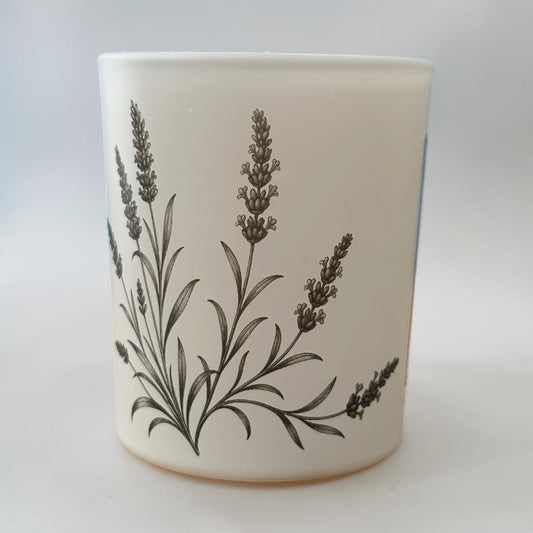Lavender and Tonka 9cl soy candle in matt white coated glass with lavender engravings
