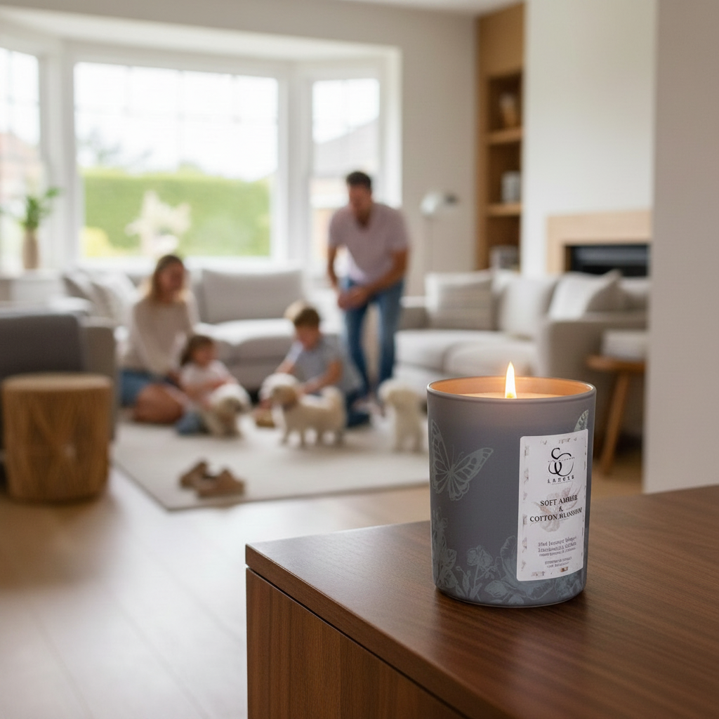 Candle on a table with a family in a living room in the background