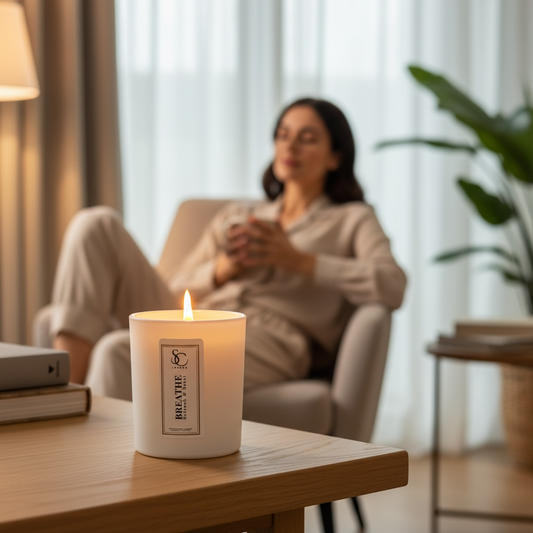 Breathe therapy candle burning in calm relaxing home setting