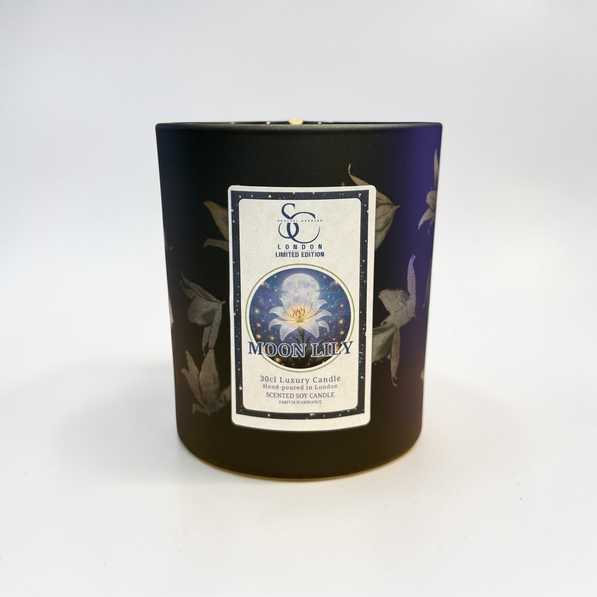 Moon Lily engraved lily candle – peelable label showing engraved glass