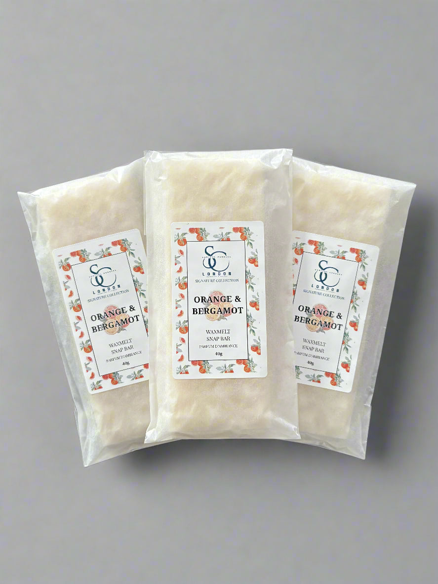 Orange & Bergamot 40g wax melt snap bar, hand‑poured soy blend, handmade in London
Luxury citrus wax melts in snap bar format