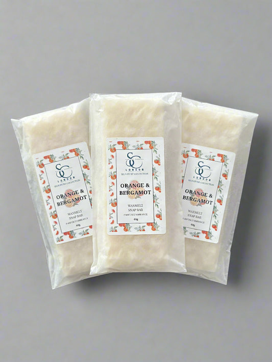 Orange & Bergamot 40g wax melt snap bar, hand‑poured soy blend, handmade in London
Luxury citrus wax melts in snap bar format