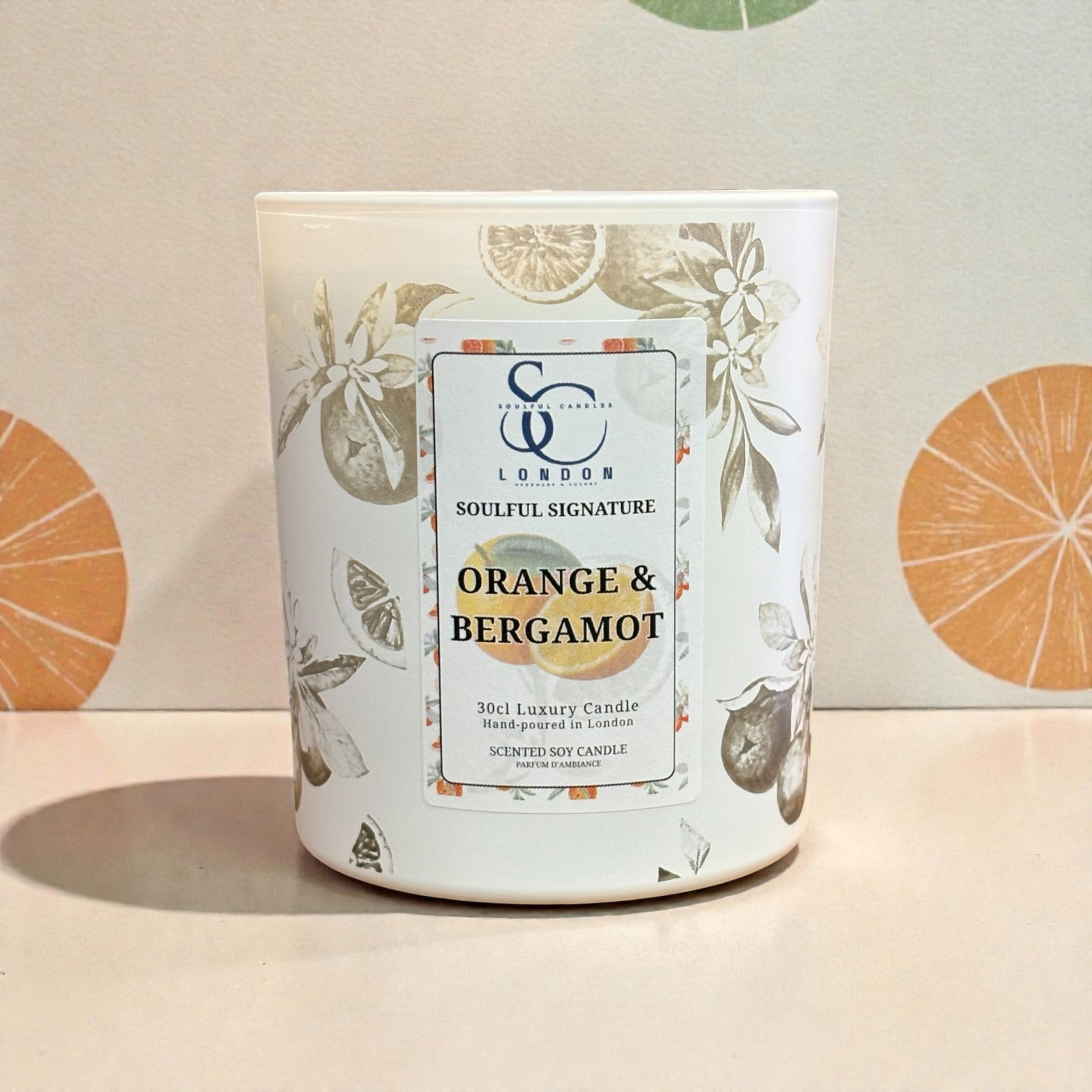 Orange & Bergamot luxury soy candle in engraved glass vessel