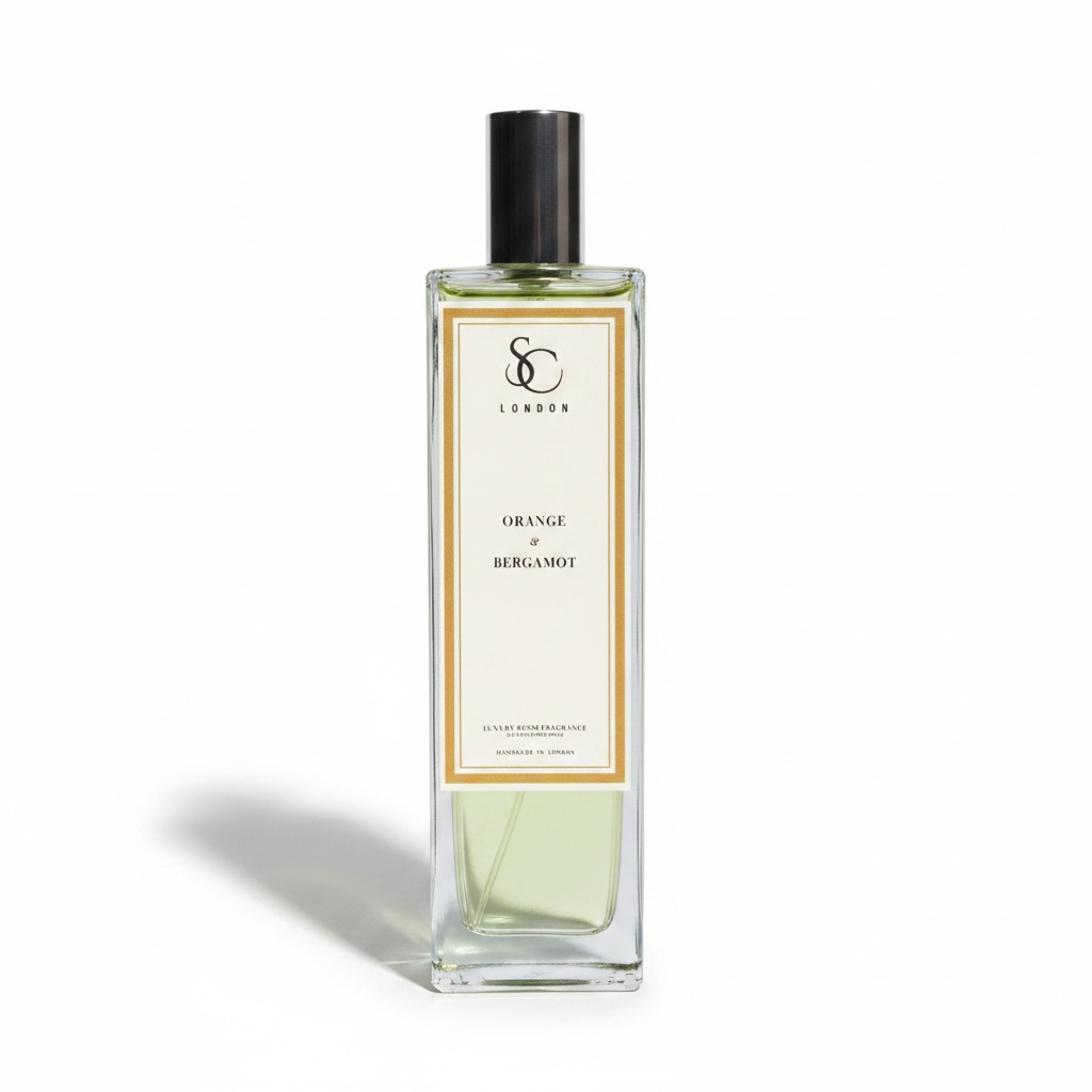 Orange & Bergamot 100ml luxury room spray by Soulful Candles London in a clear glass bottle with silver cap and cream gold label