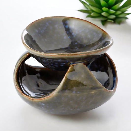 Handmade Abstract Dark Mottled Ceramic Fragrance Burner - Green