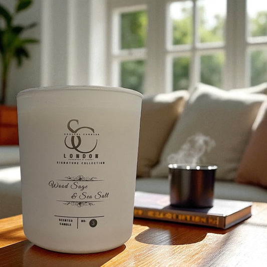 White candle with branding on a wooden surface in a bright room