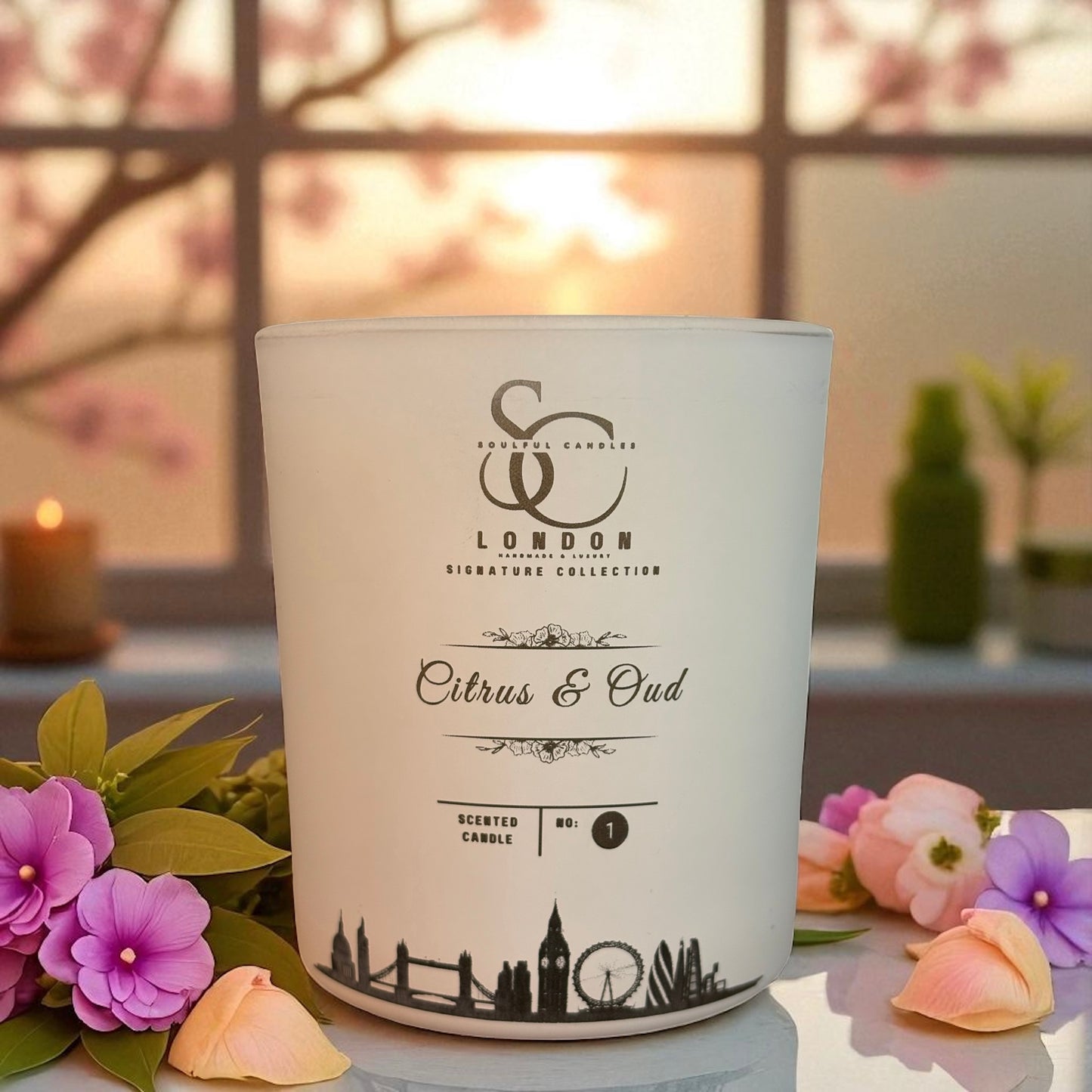 Candle with 'London' branding and floral decorations