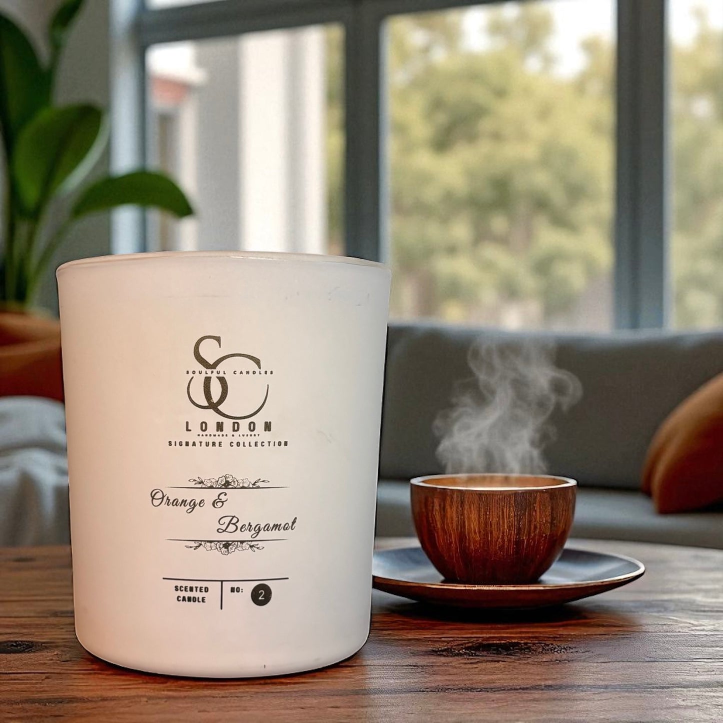 White candle with branding next to a steaming cup on a wooden table, with a blurred indoor background.