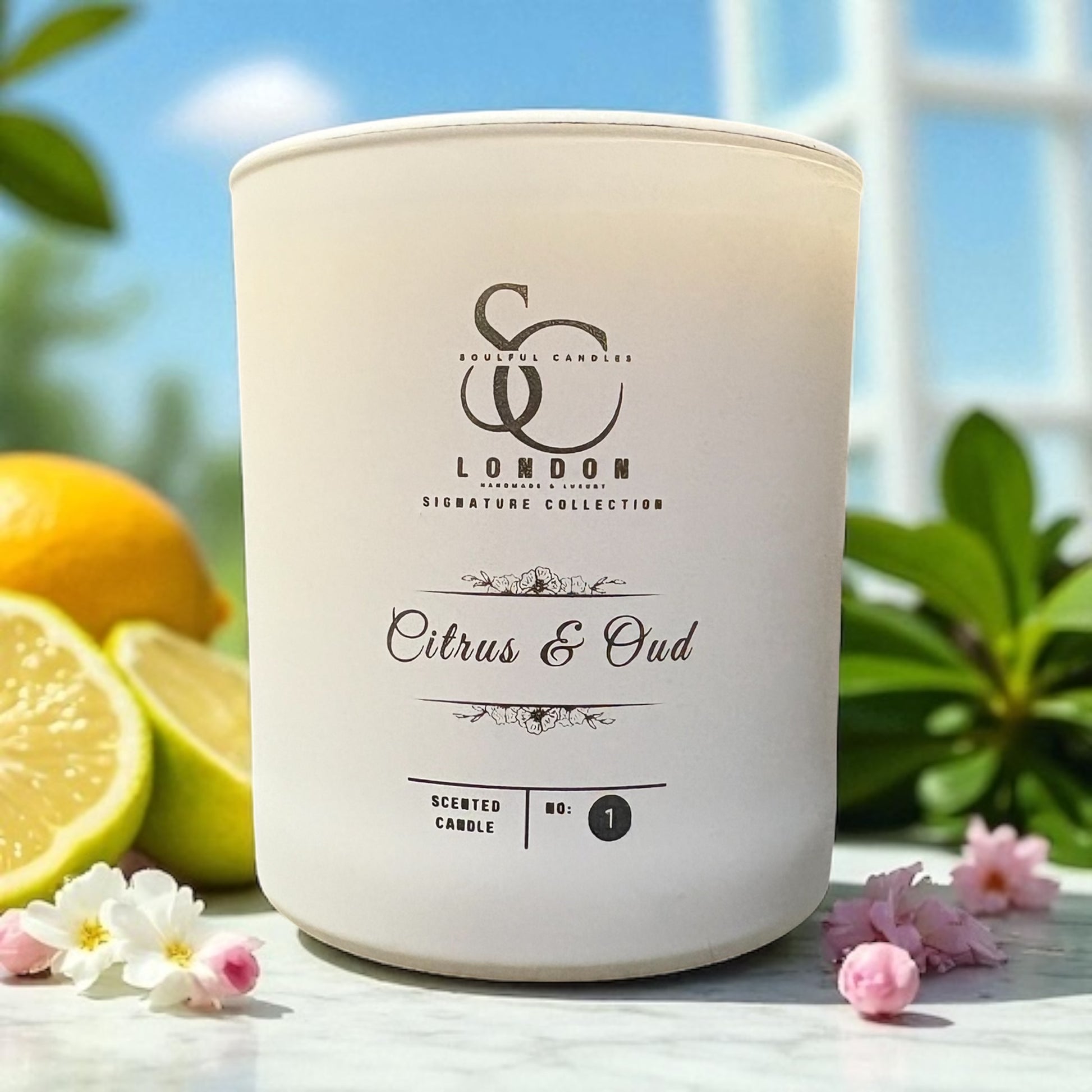 Candle with 'London' branding and 'Citrus & Oud' scent, surrounded by fruits and flowers outdoors.