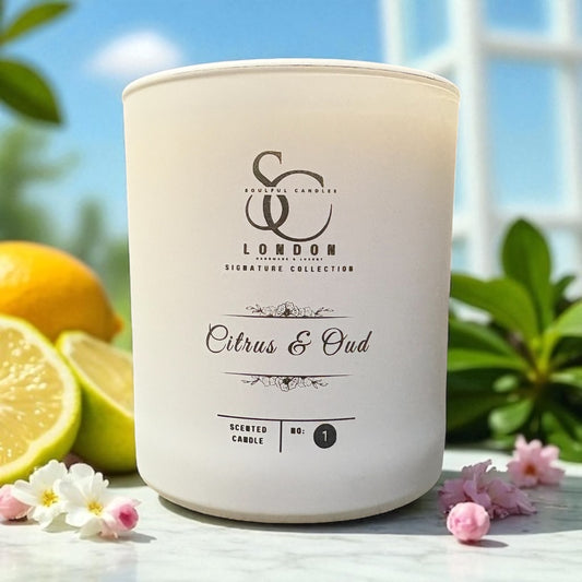 Candle with 'London' branding and 'Citrus & Oud' scent, surrounded by fruits and flowers outdoors.
