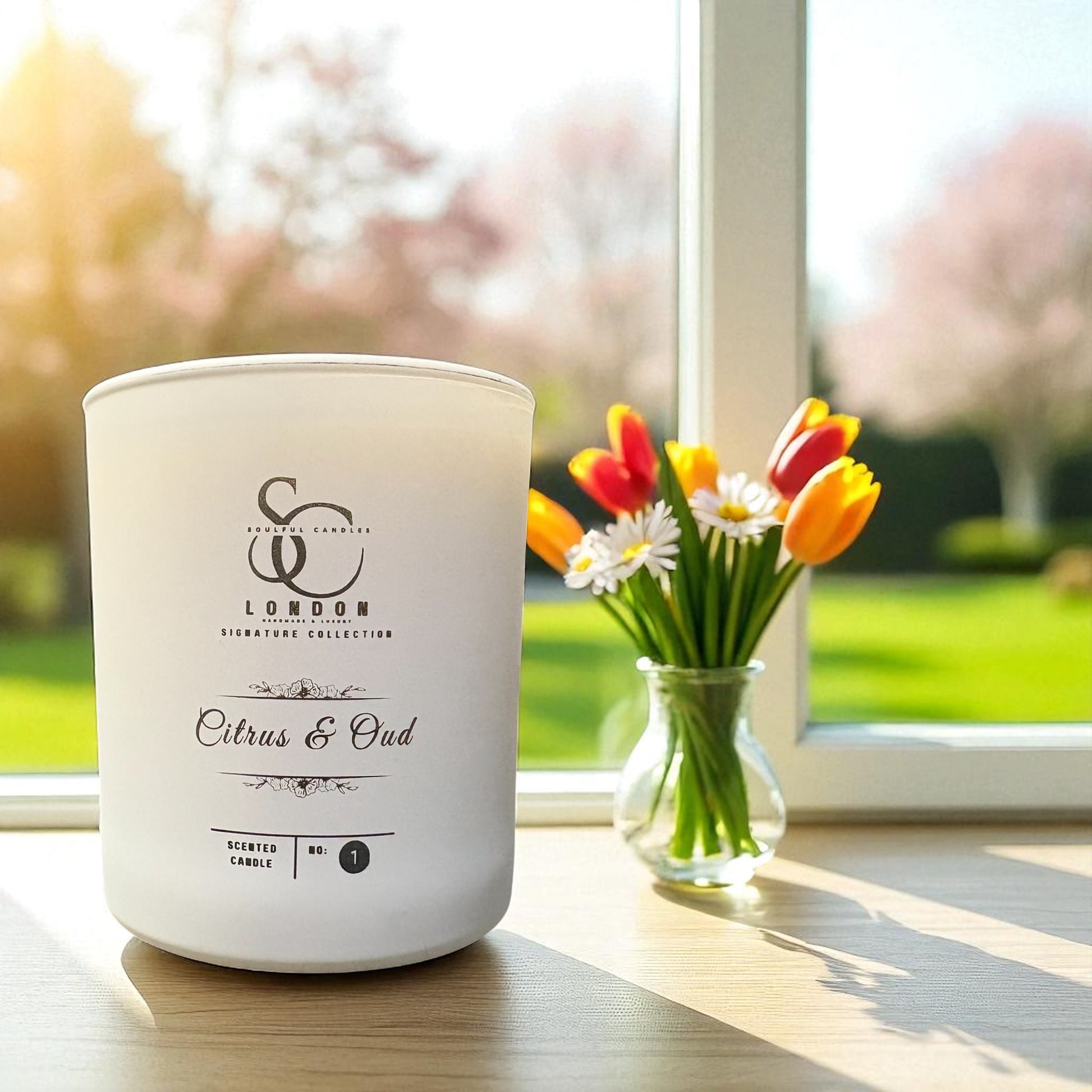 White candle labeled 'SSC London' with a vase of flowers on a windowsill