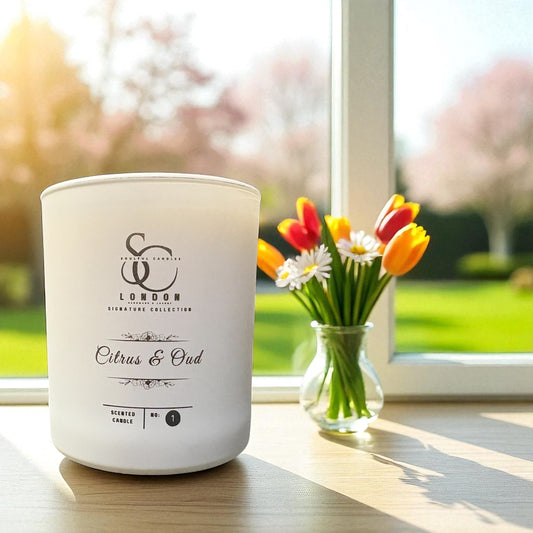 White candle labeled 'SSC London' with a vase of flowers on a windowsill