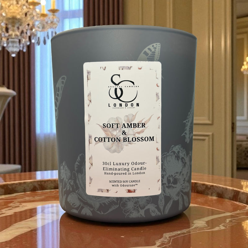 Soft Amber & Cotton Blossom – Odour Neutralising Soy Candle (30cl)