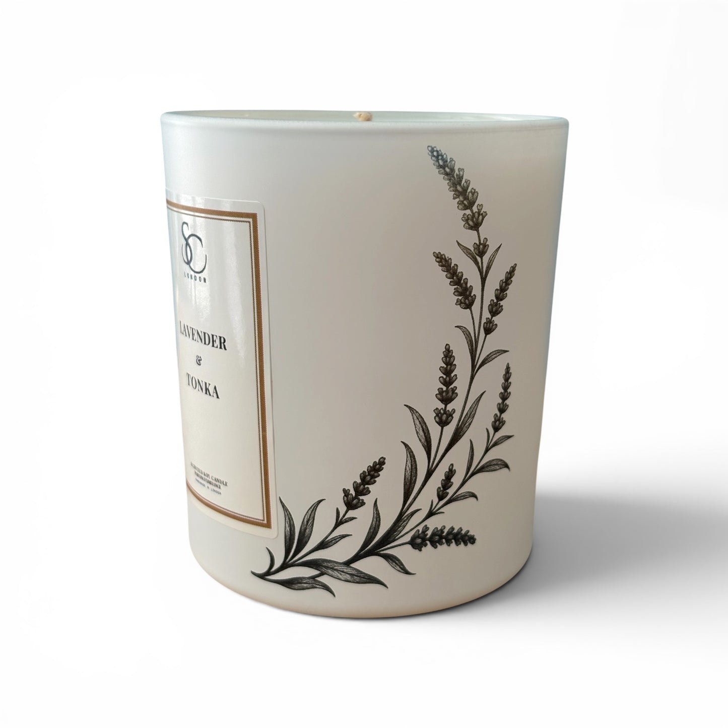 Sanctuary Lavender and Tonka soy candle showing the engraved glass design
