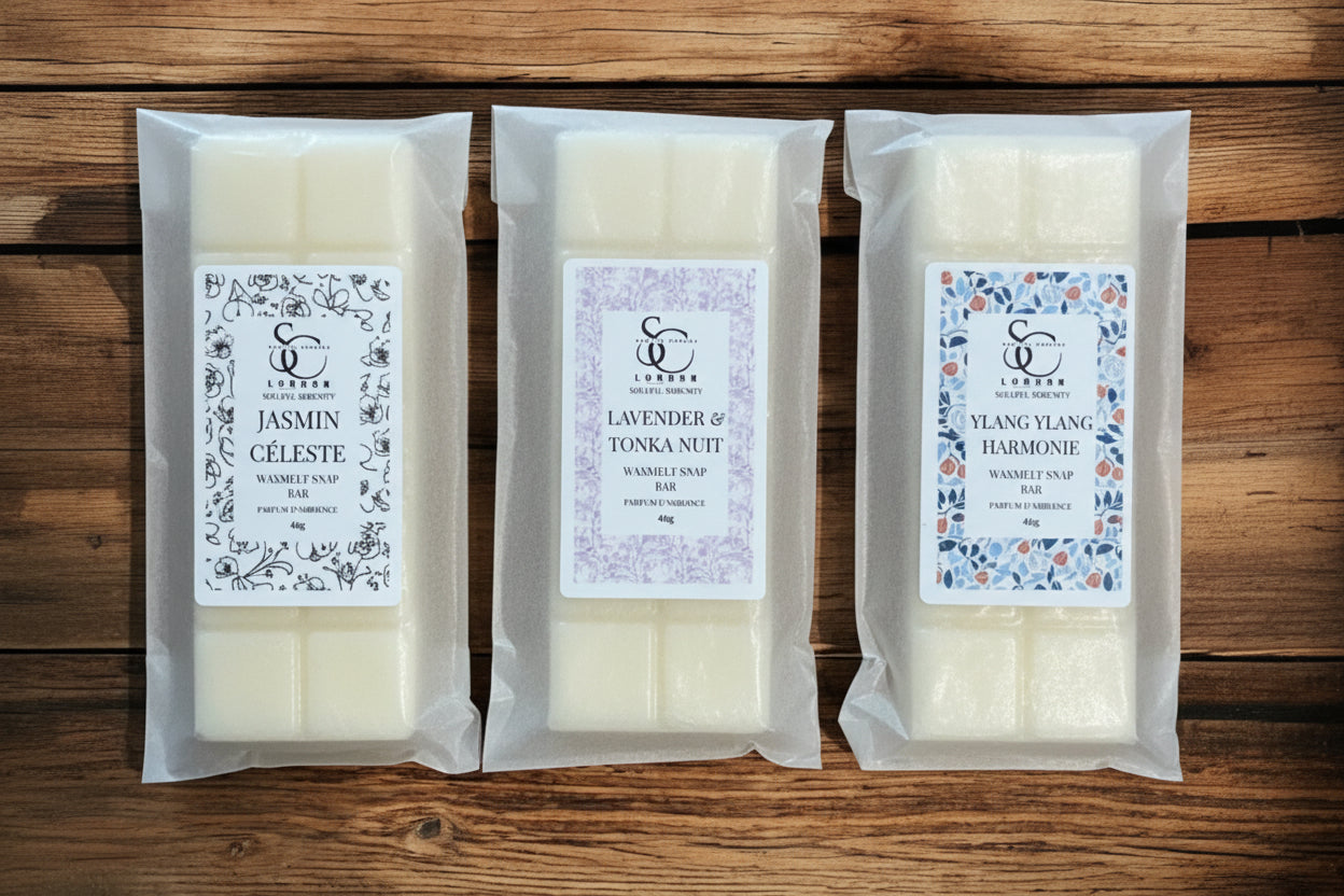 Three wrapped soap bars with labels on a wooden surface