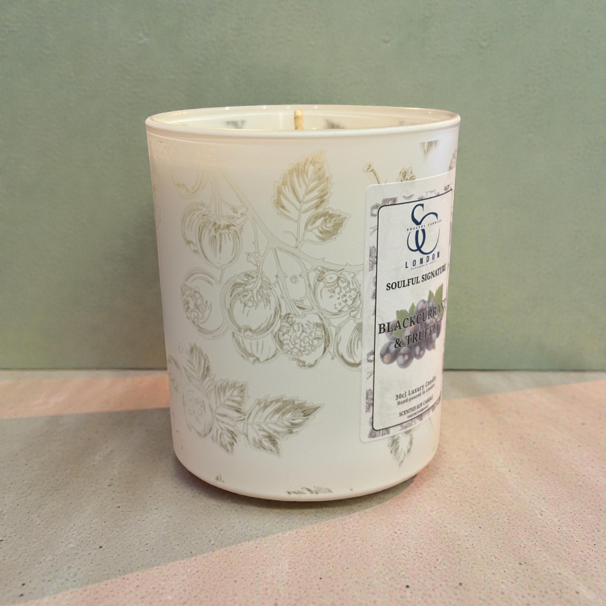 Engraved glass blackcurrant and truffle luxury award winning 30cl candle