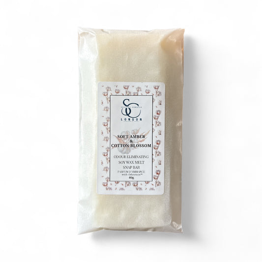 Soft Amber & Cotton Blossom odour eliminating soy wax melt snap bar, 40g, hand-poured in London, vegan-friendly, infused with Odouraze
