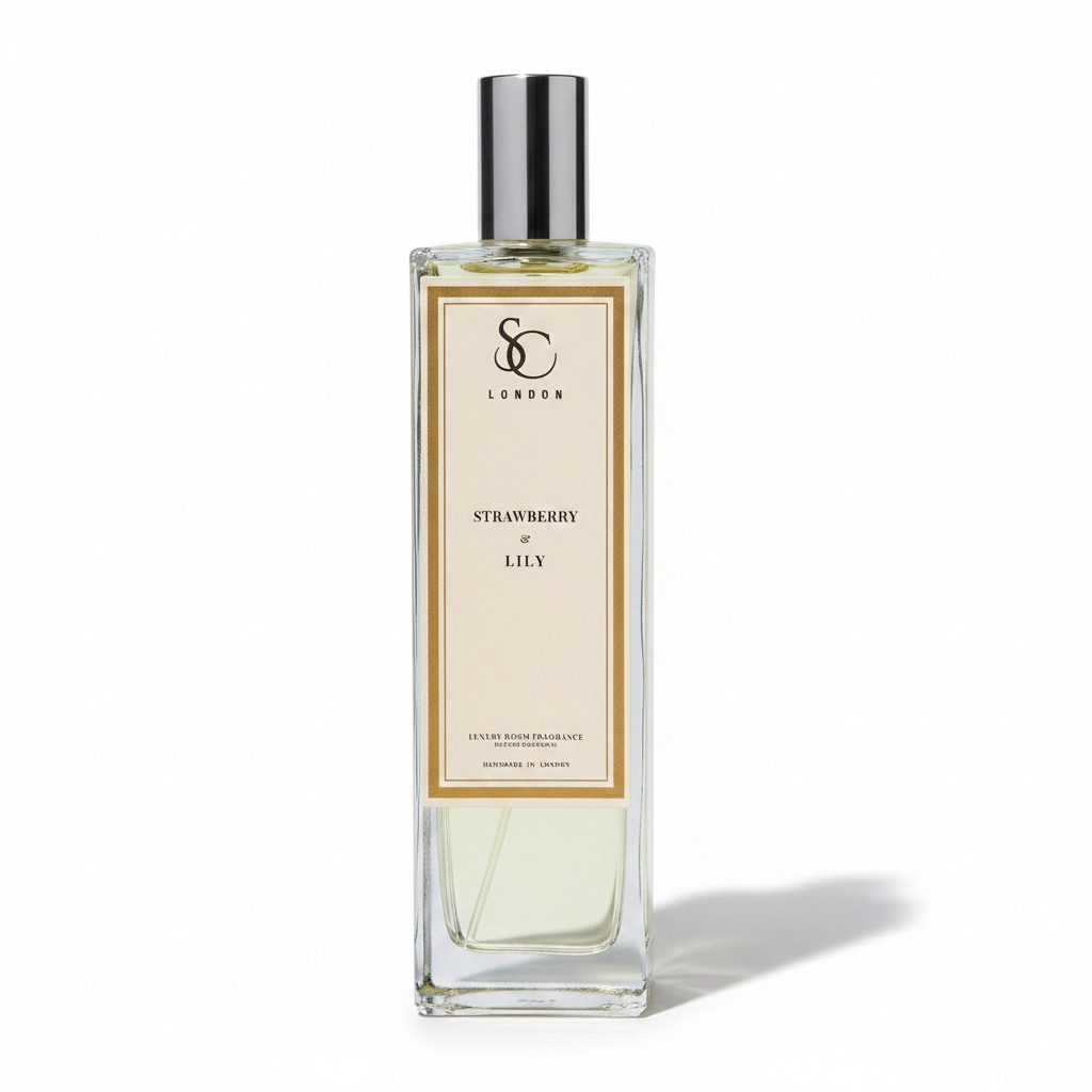 Strawberry & Lily 100ml luxury room spray by Soulful Candles London in a clear glass bottle with silver cap and cream gold label
