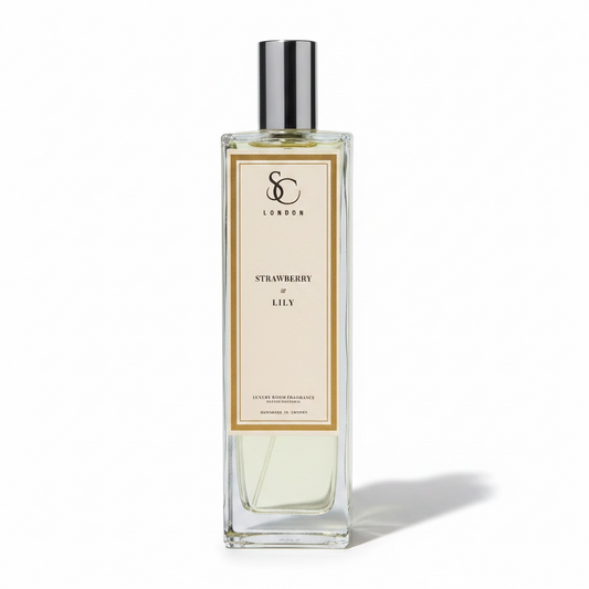 Strawberry & Lily 100ml luxury room spray by Soulful Candles London in a clear glass bottle with silver cap and cream gold label