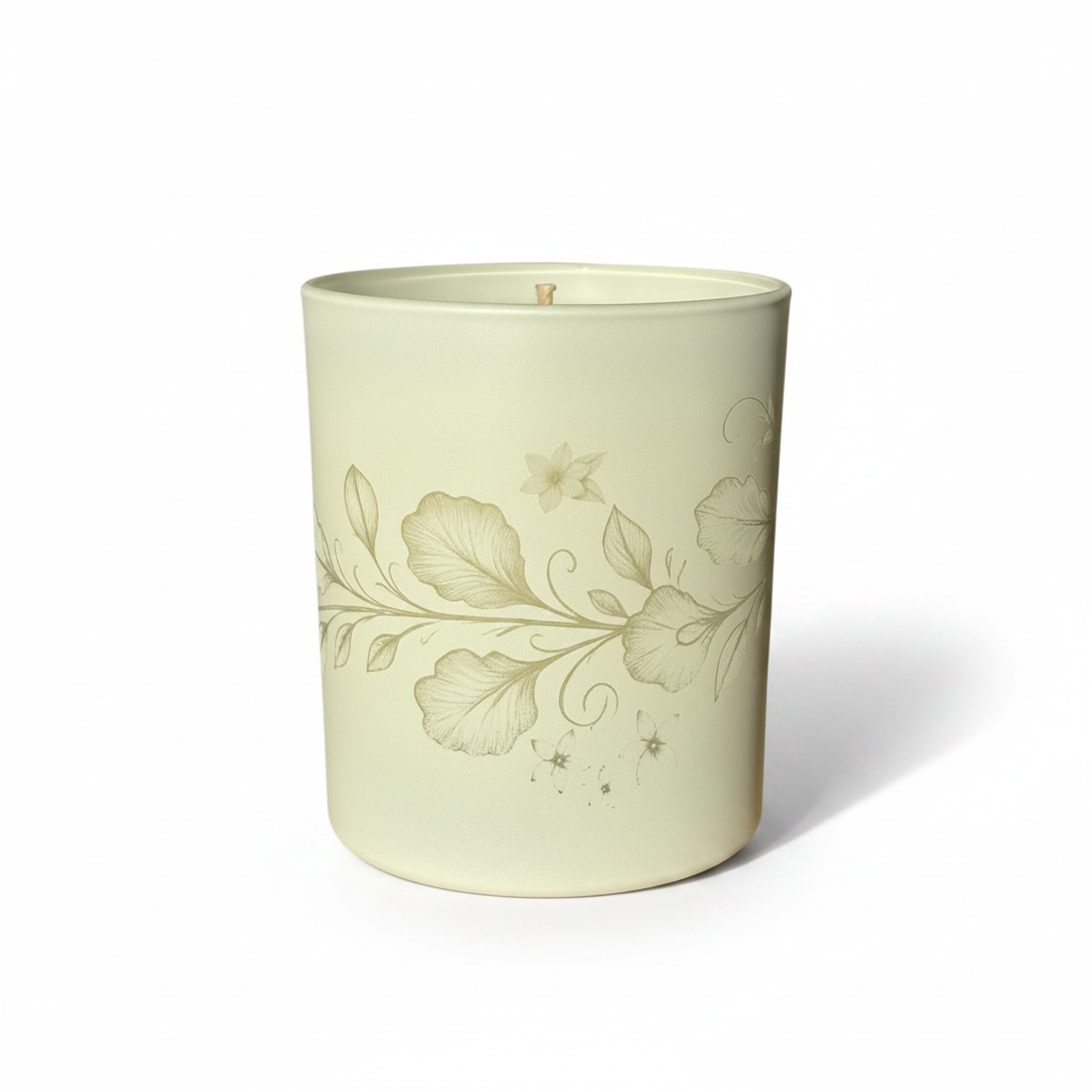 Close-up of engraved floral pattern on luxury soy candle glass