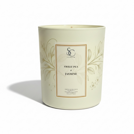Sweet Pea & Jasmine odour eliminating candle 30cl in engraved glass jar