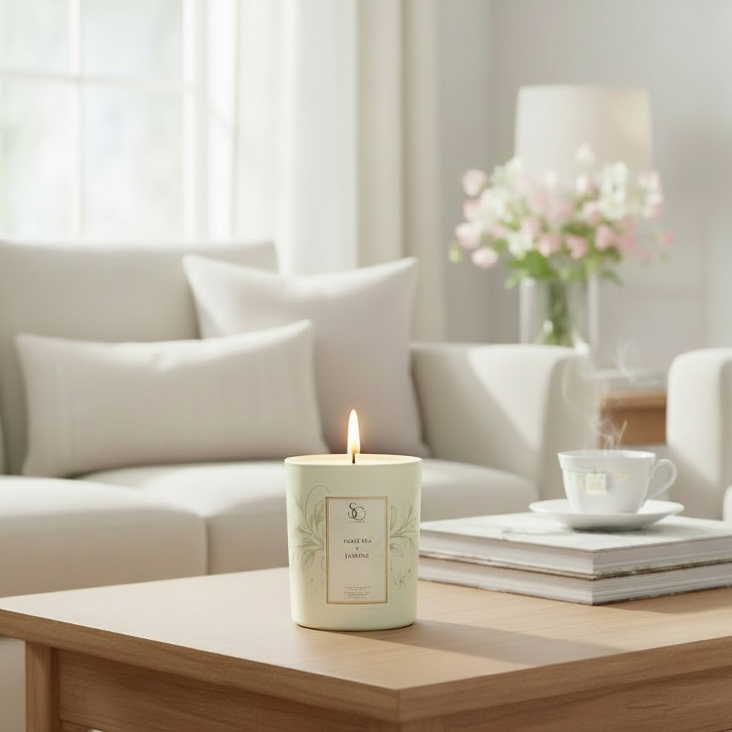 Sweet Pea & Jasmine candle lit in a bright living room setting