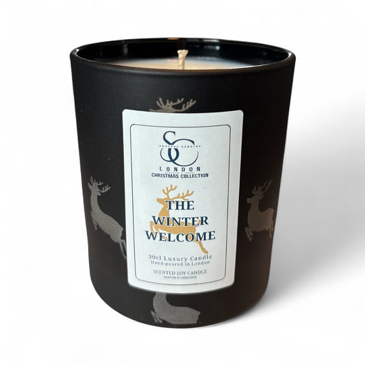 The Winter Welcome Christmas Candle by Soulful Candles – front label in black jar