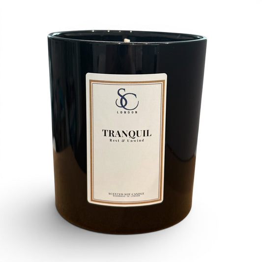 Tranquil luxury 30cl soy candle designed for rest and unwind with calming lavender and soft floral fragrance notes