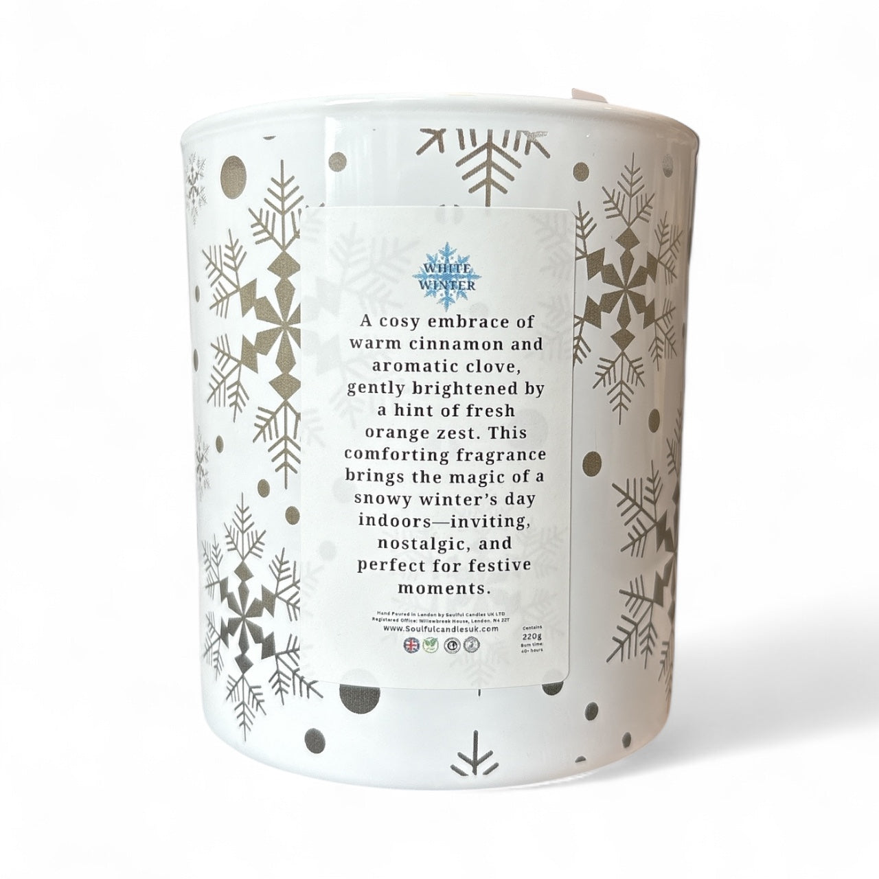 White Winter Christmas Candle – 30cl luxury soy, hand-poured - back label
