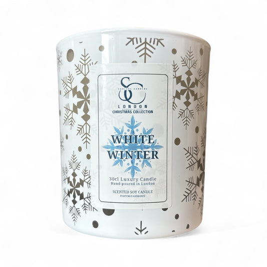 White Winter Christmas Candle by Soulful Candles – front label in white jar
