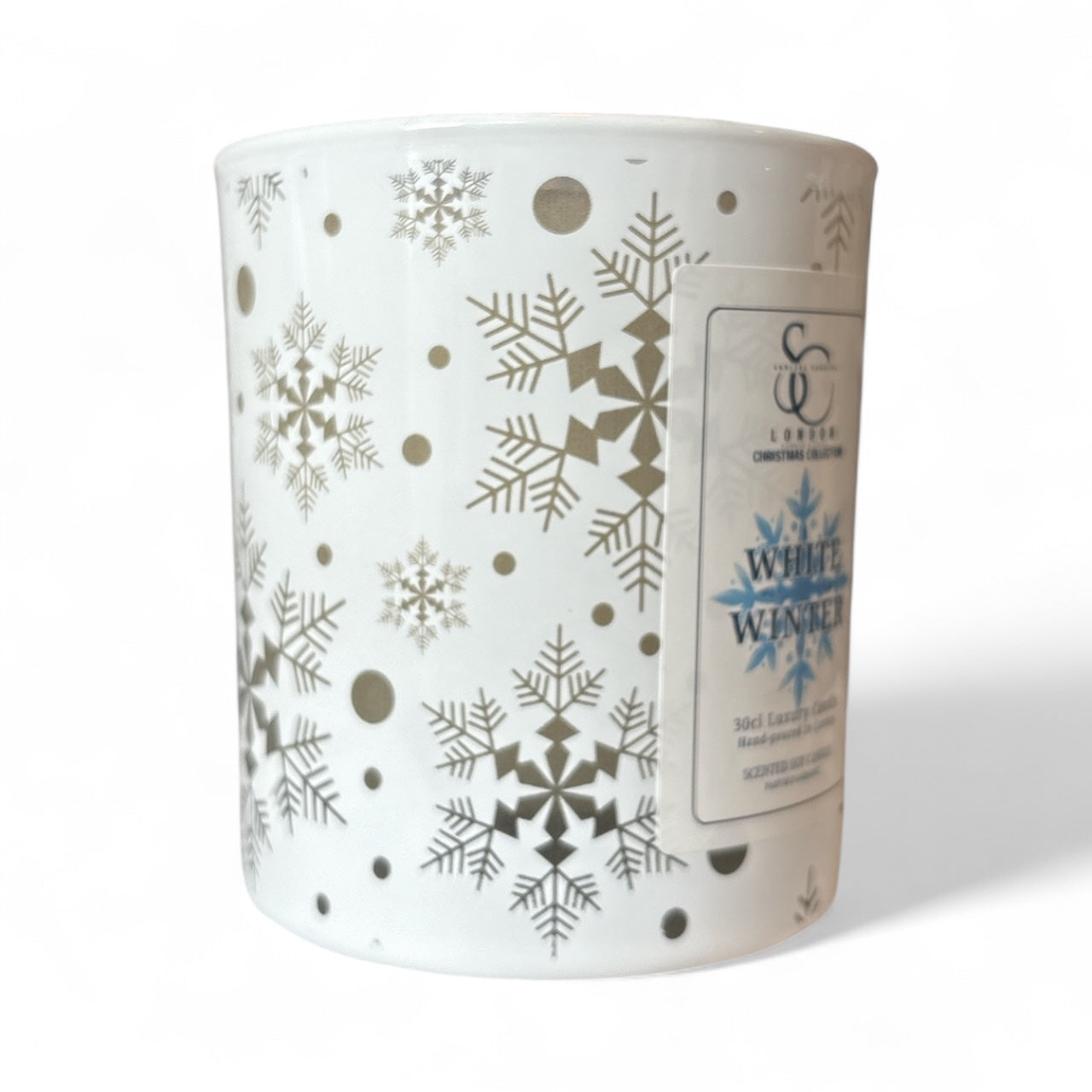 White Winter Christmas Candle – gloss white jar with metallic snowflakes