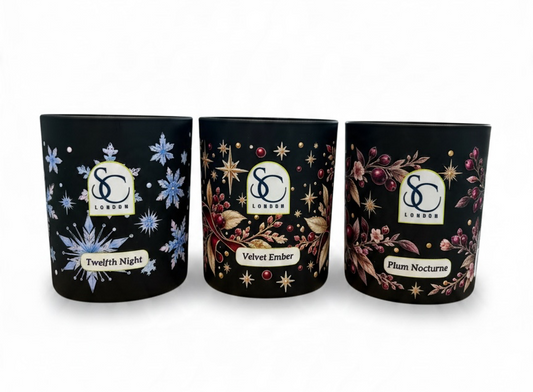 Soulful Candles London 2026 Winter Collection featuring three decorative black glass 30cl scented candles: Twelfth Night, Velvet Ember and Plum Nocturne.