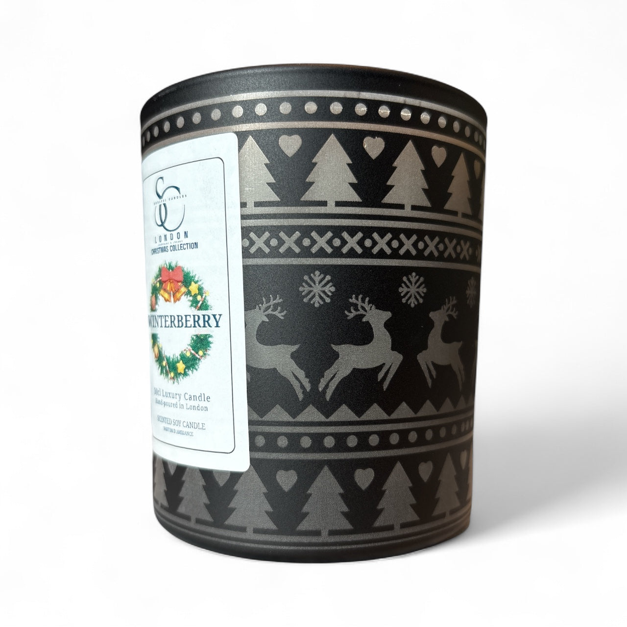 Winterberry Christmas Candle – Christmas jumper pattern with reindeer and trees

