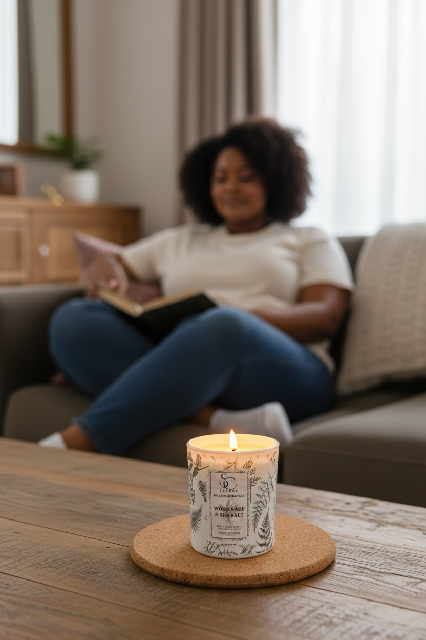 Wood Sage & Sea Salt luxury soy candle 30cl in engraved botanical glass vessel