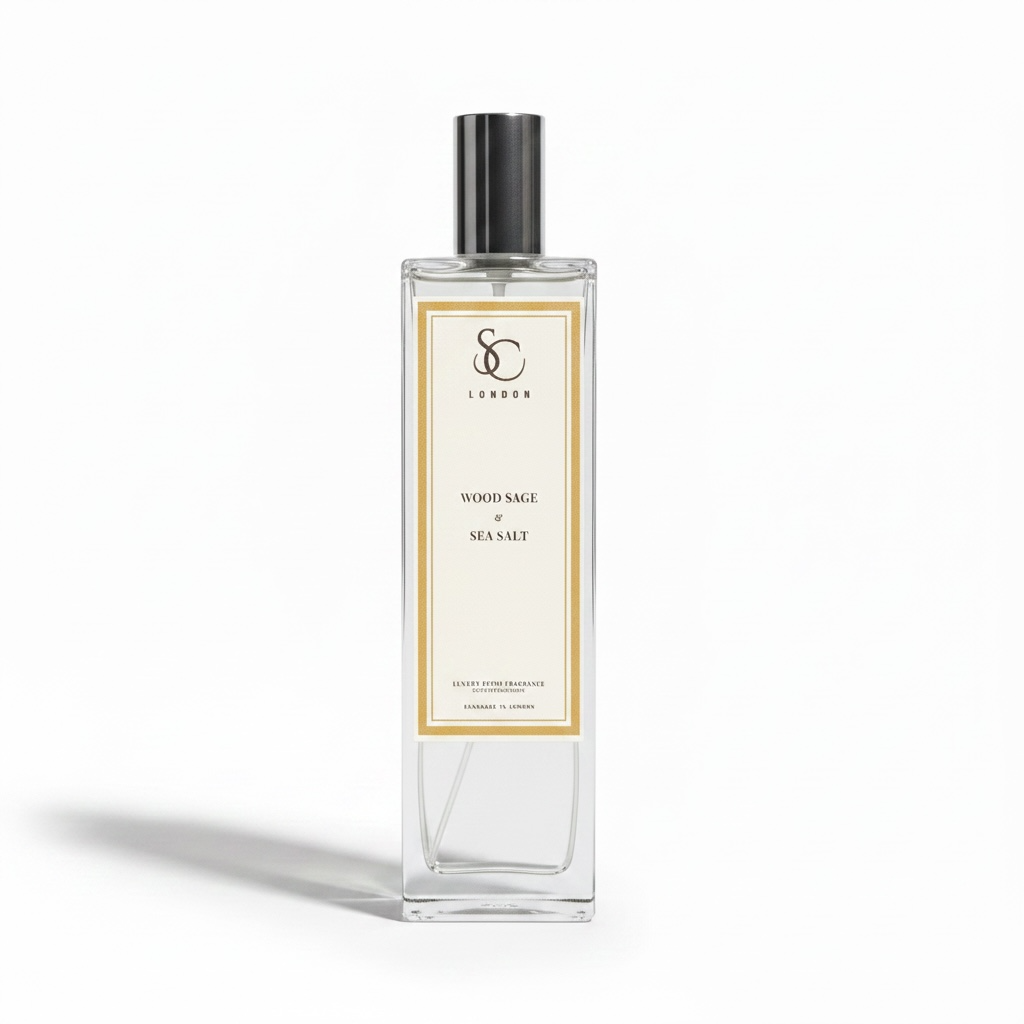 Wood Sage & Sea Salt 100ml luxury room spray by Soulful Candles London in a clear glass bottle with silver cap and cream gold label