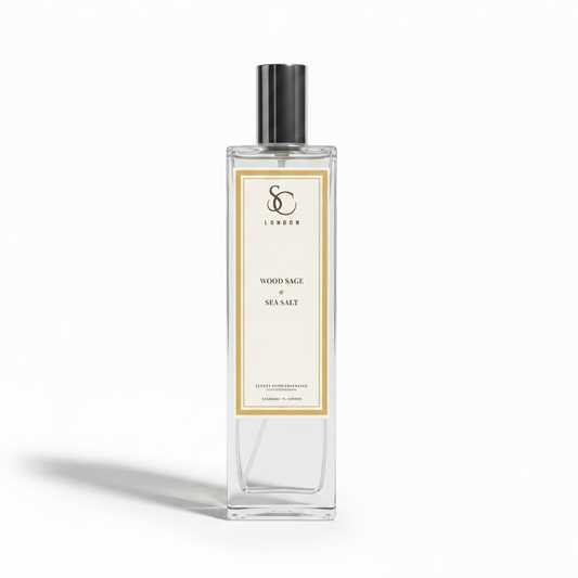 Wood Sage & Sea Salt 100ml luxury room spray by Soulful Candles London in a clear glass bottle with silver cap and cream gold label