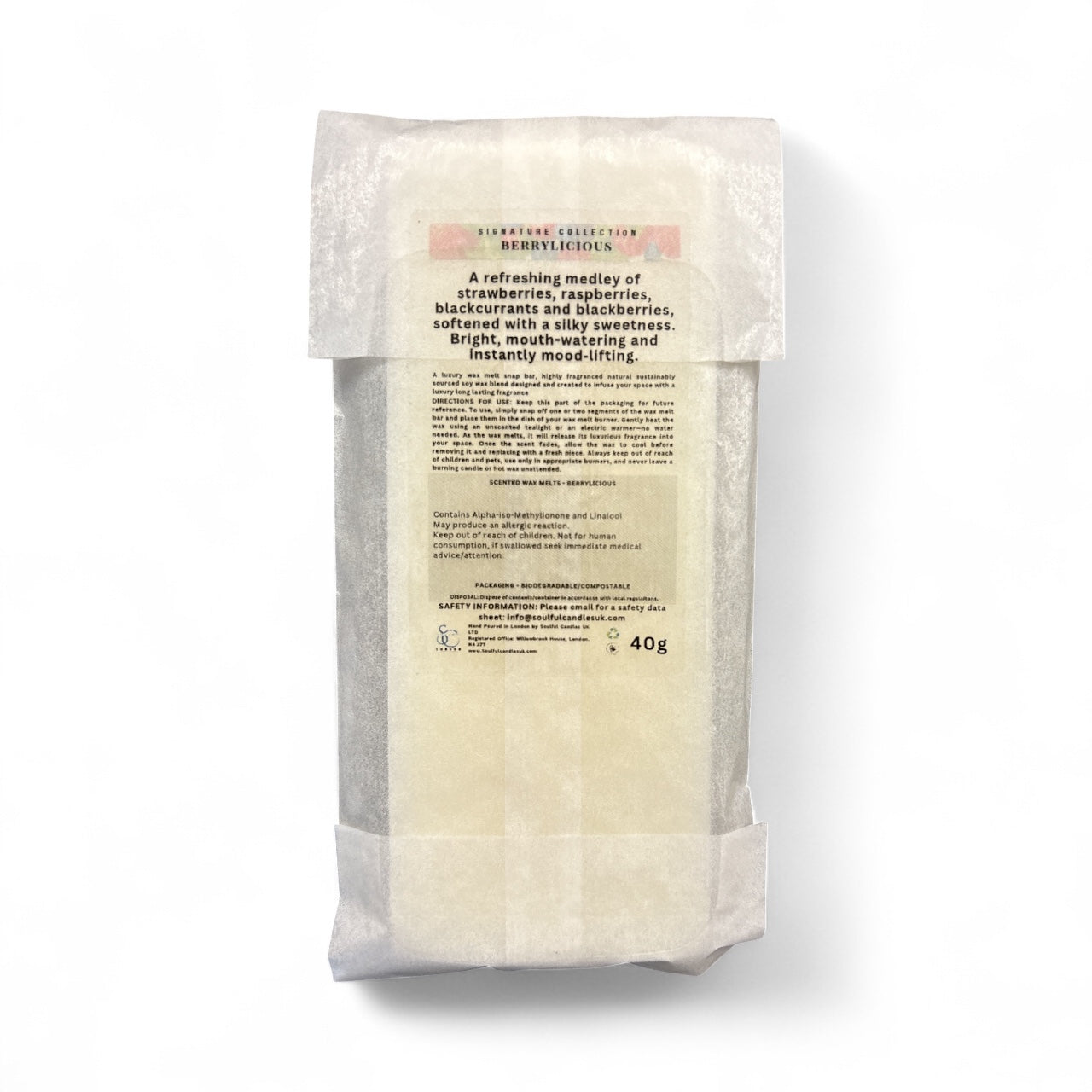 Berrylicious 40g soy wax melt snap bar in recyclable packaging