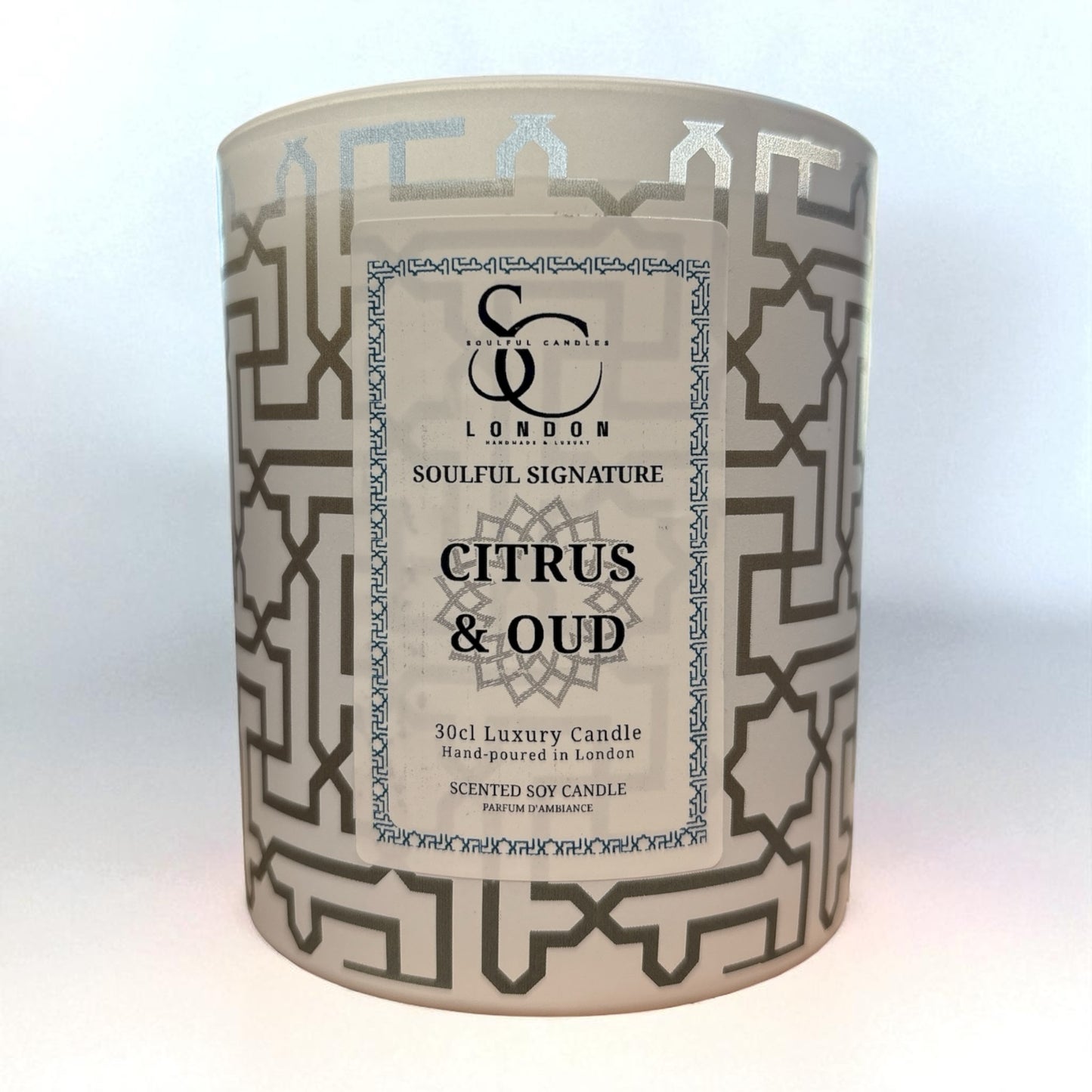 Citrus & Oud 30cl luxury soy candle by Soulful Candles UK – new-look geometric vessel