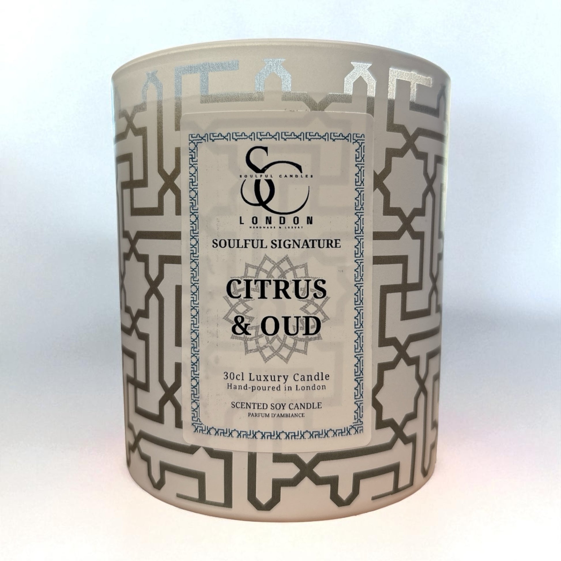 Citrus & Oud 30cl luxury soy candle by Soulful Candles UK – new-look geometric vessel