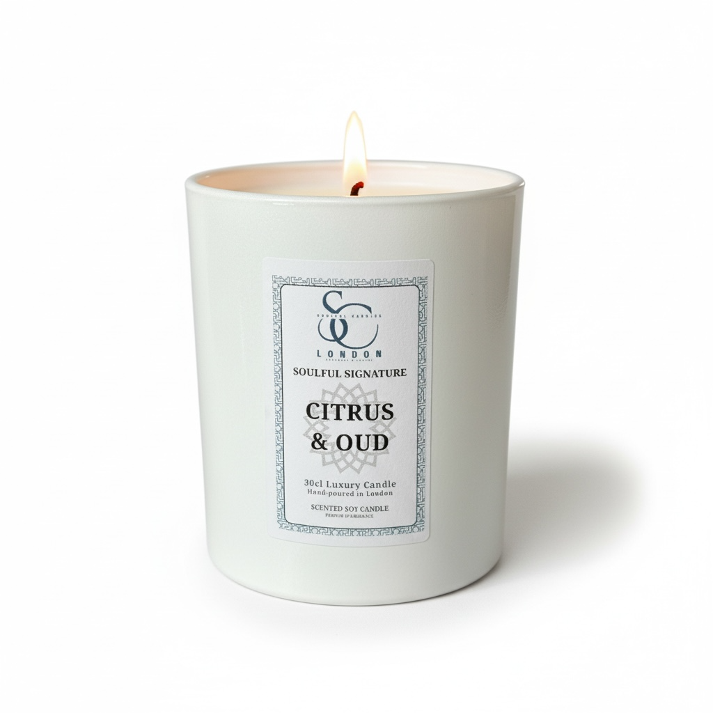 White candle with a label on a white background